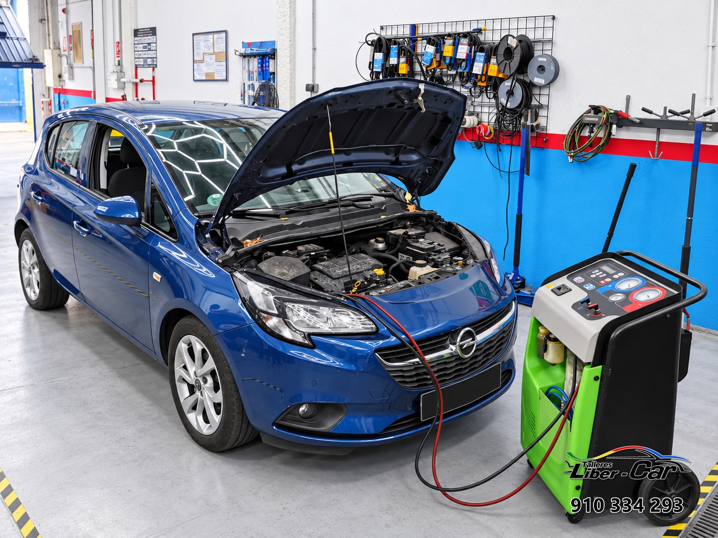 Servicio de mantenimiento del aire acondicionado de un Opel Corsa en el taller