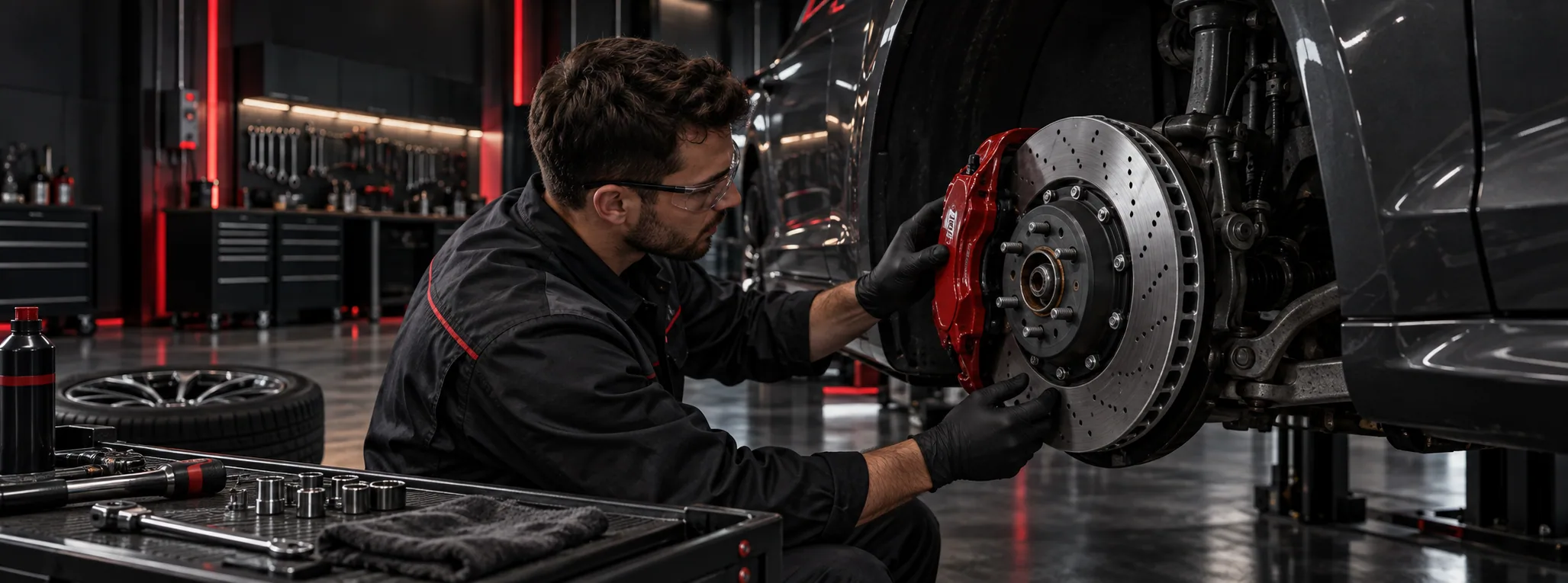 Reparación de frenos y disco de un automóvil en el taller